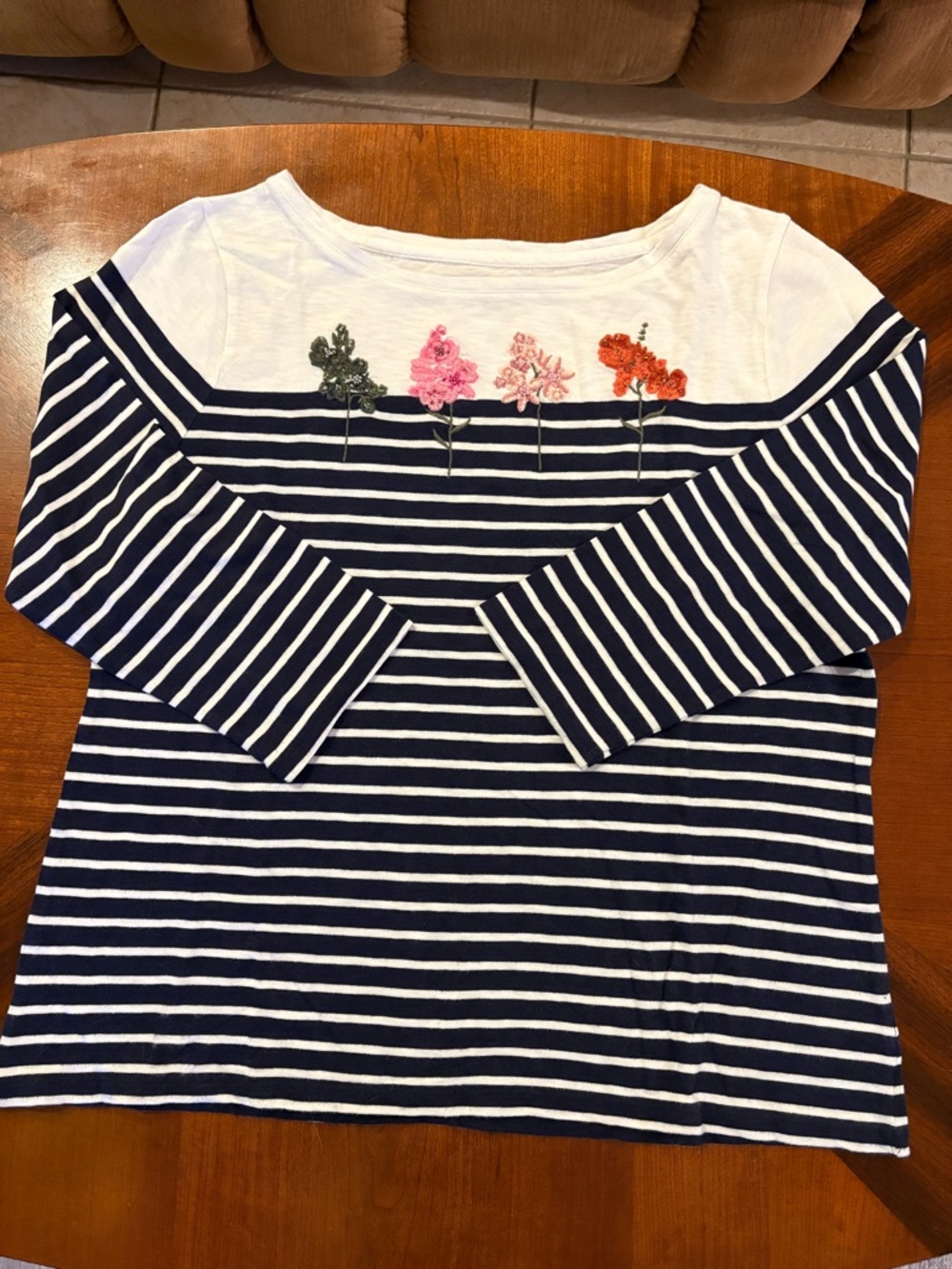 Talbots Women’s Navy & White Striped Boatneck Top with Floral Embroidery